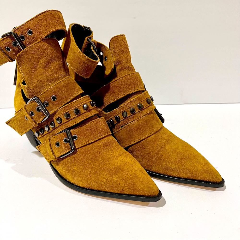 Zara | Khaki strapped buckled studded pointed toe booties